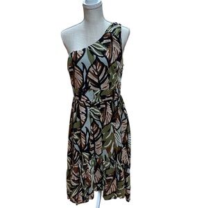 Francesca’s Audrey Parks One Shoulder Palm Print Lined Midi Dress